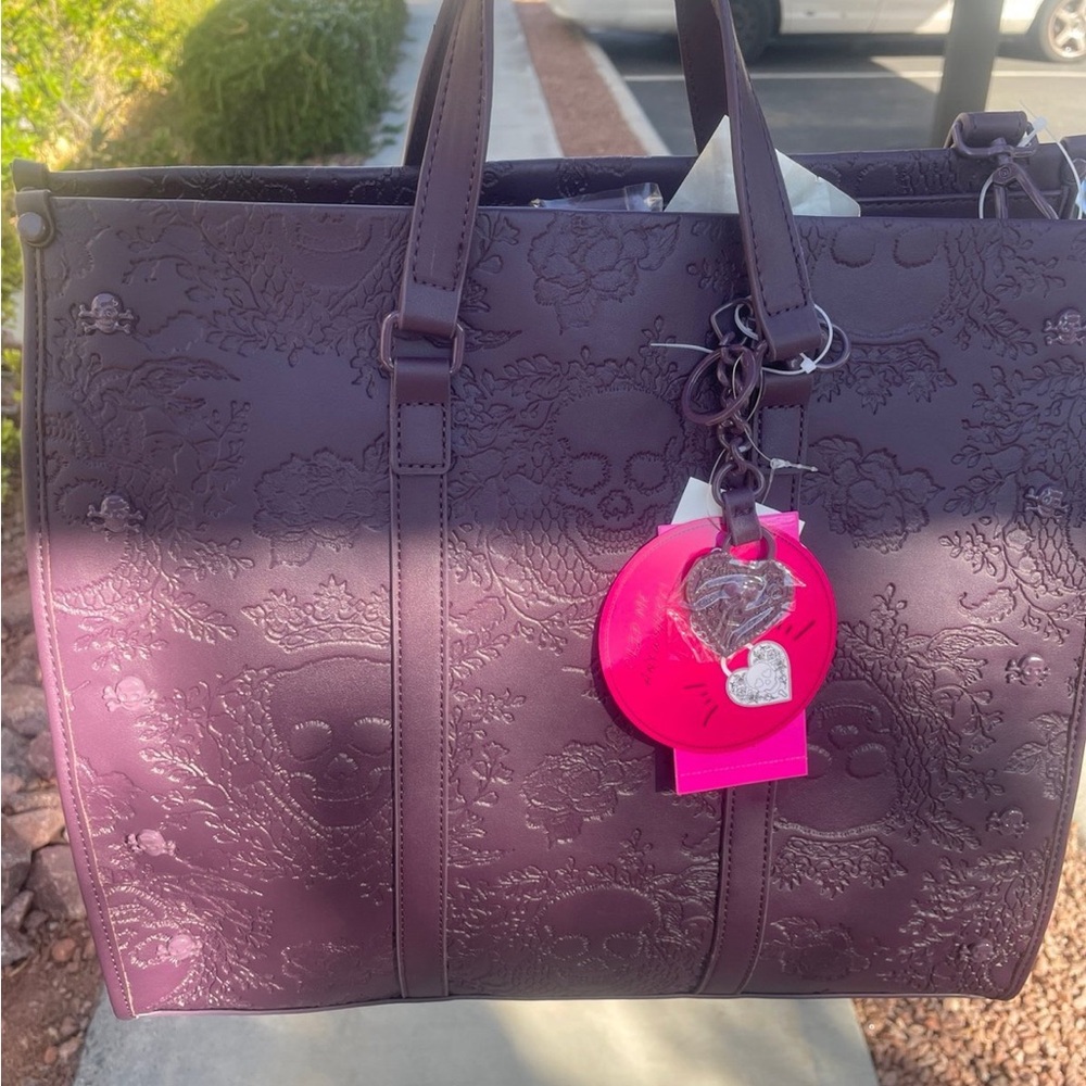 Betsey Johnson plum Purple embossed skulls Tote Bag convertible shoulder purse